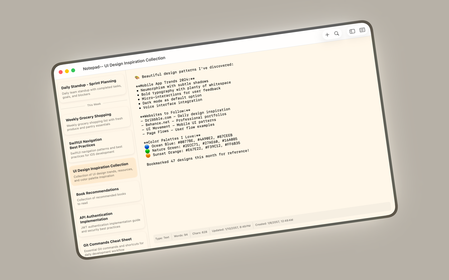 Notepad-- Application Screenshot - Three-pane interface showing categories sidebar, notes list, and editor with AI-powered automatic titling